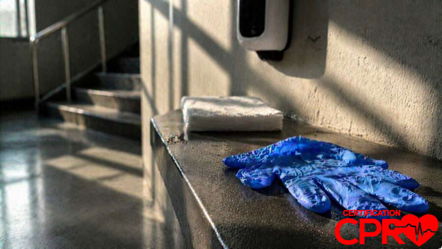 CPR training gloves and mask on a training station in Lakeland.