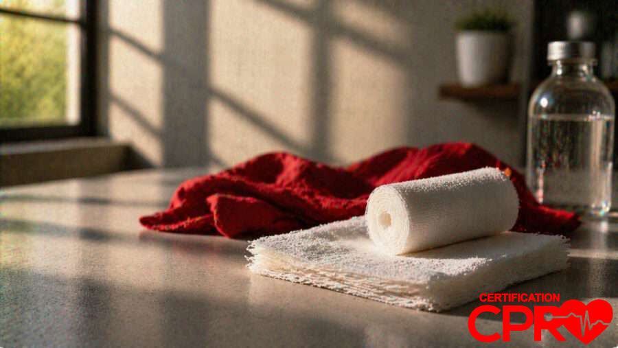 CPR certification training supplies in Lakeland, including a roll of gauze and first aid essentials.